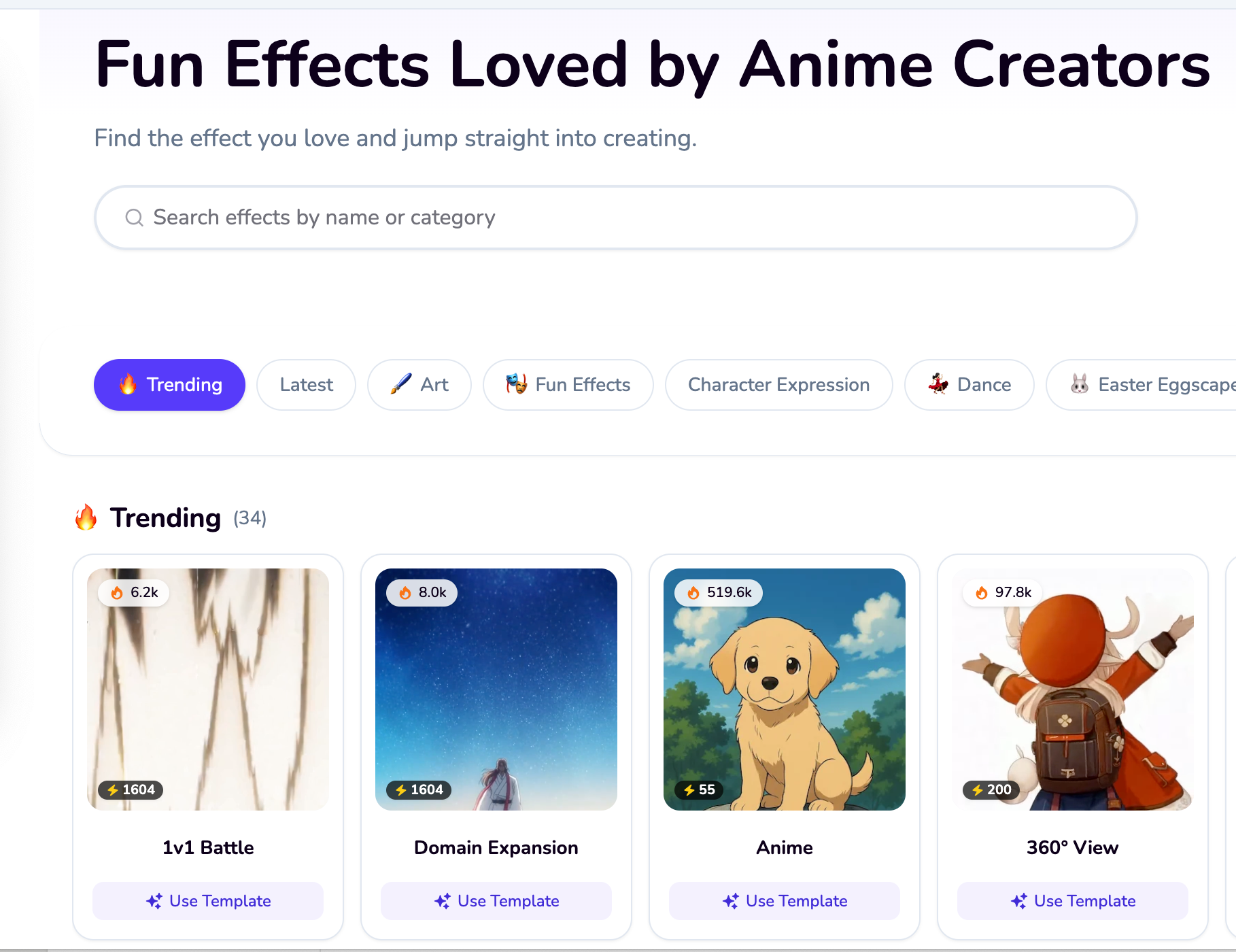 Komiko effects marketplace UI