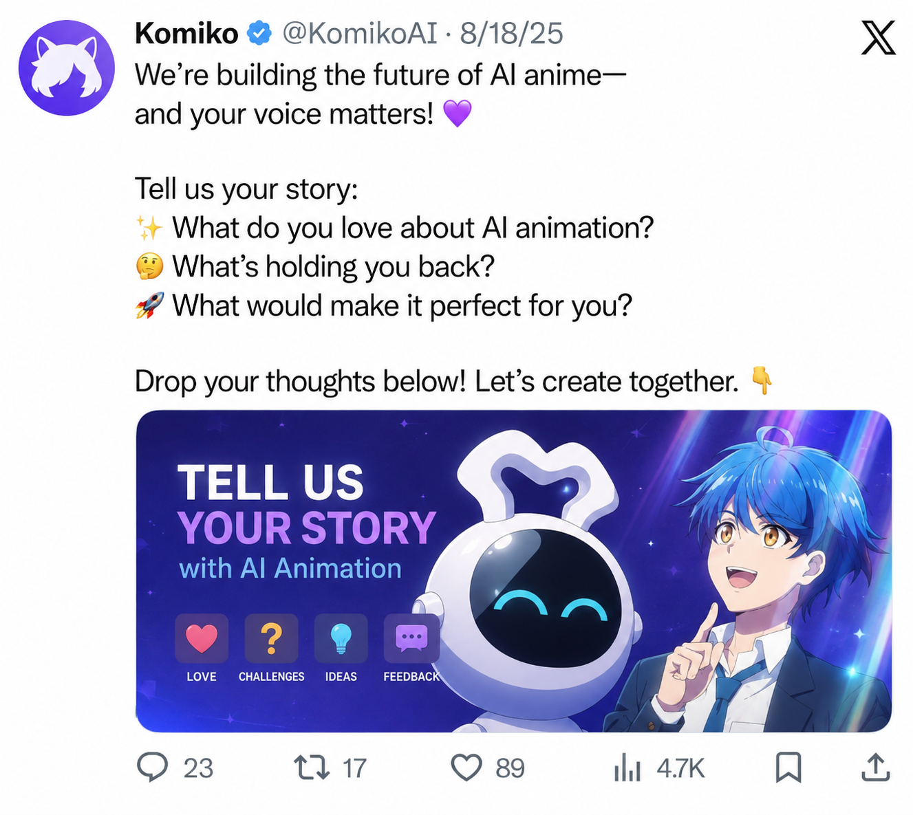 KomikoAI post on X asking creators about their AI animation story