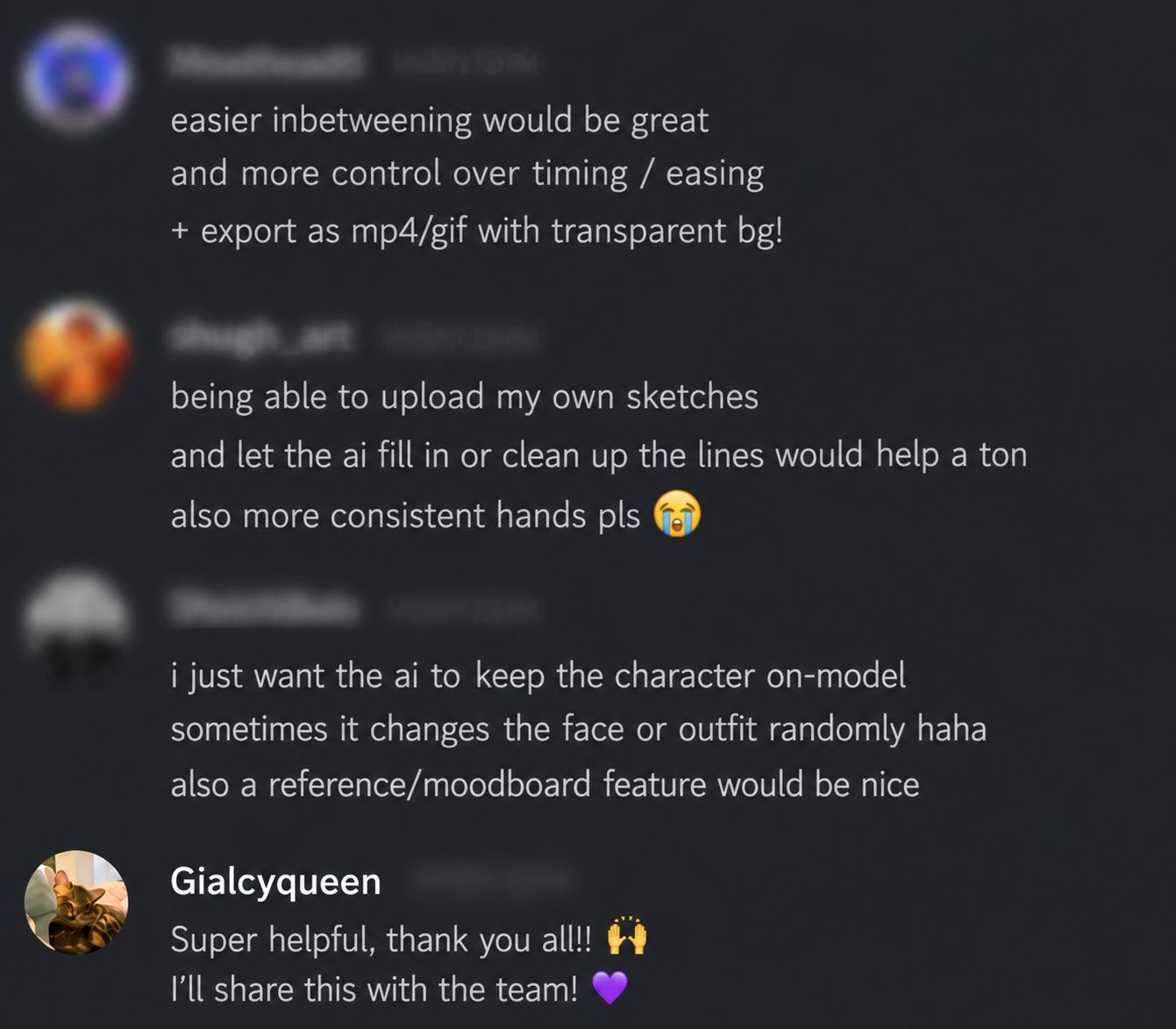 Discord conversation with creators sharing feature requests